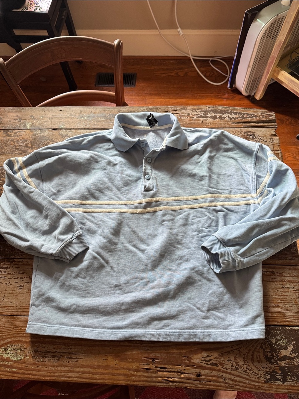 Men's Light Blue Long Sleeve Polo with Ivory Stripes